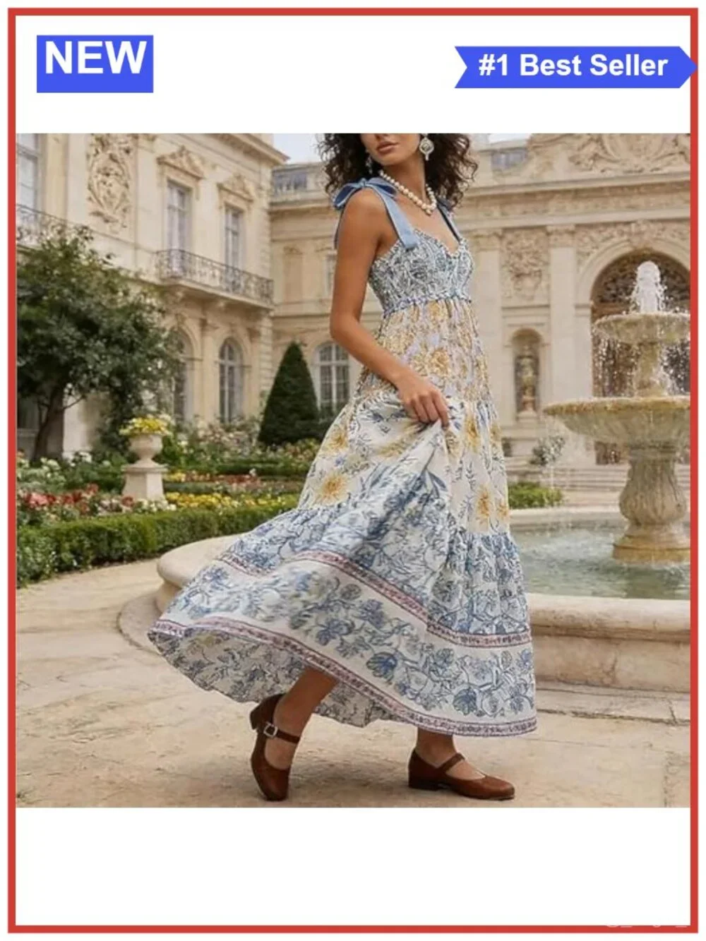 Women Floral Maxi Dress Tie Shoulder Patchwork Smocked Flow Boho Summer Sundress